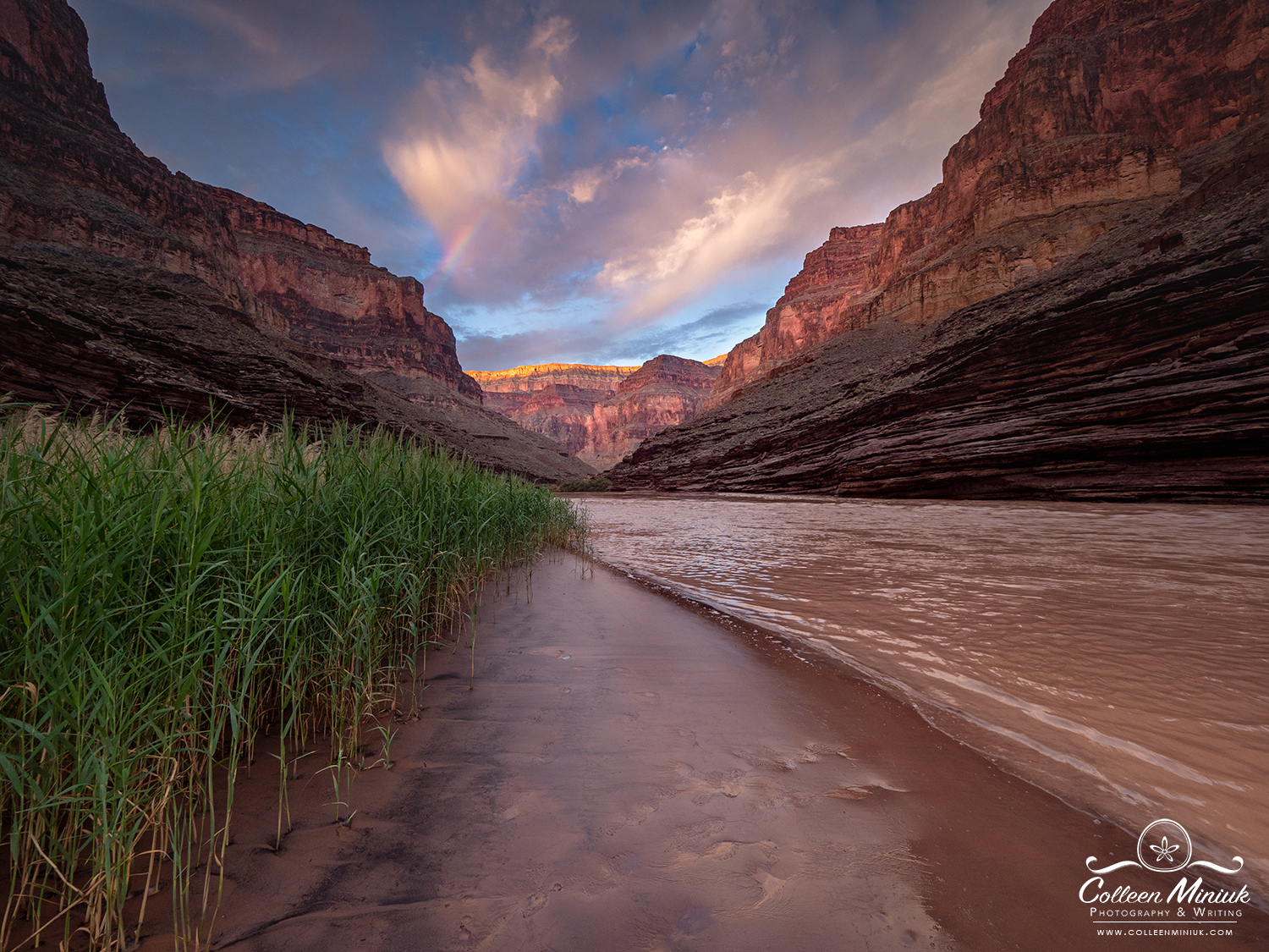 Rainbow and storm clouds over the Colorado River in the Grand Canyon, Arizona