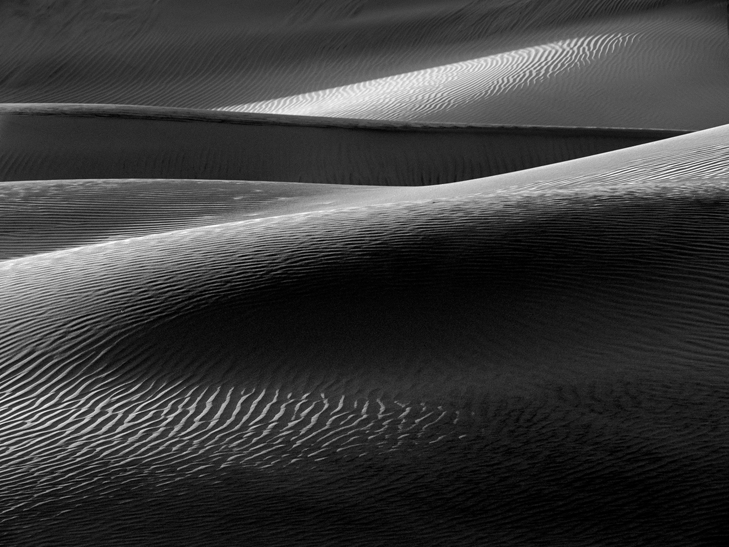 Light, shadow, and sand patterns in the Mesquite Flats Sand Dunes in Death Valley National Park in California